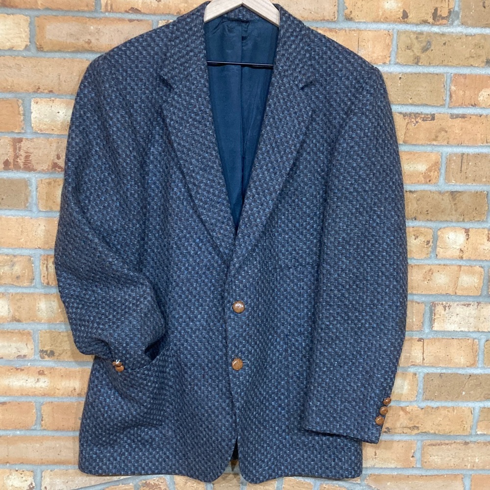 VTG Retro Tweed Pure Wool Blazer Suit Jacket Wooden Buttons Eclectic Grandpa 44